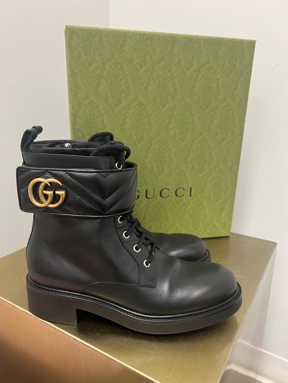 Gucci Black Leather Quilted-Ankle Lace-Up Boots with Gold GG